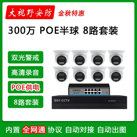 【300万8路POE套装】录像机+POE交换机+POE半球